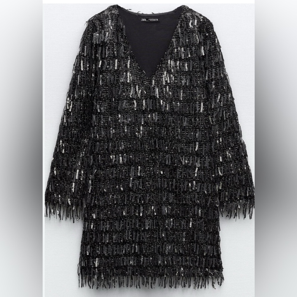 ZARA black sequin fringed mini dress size extra small